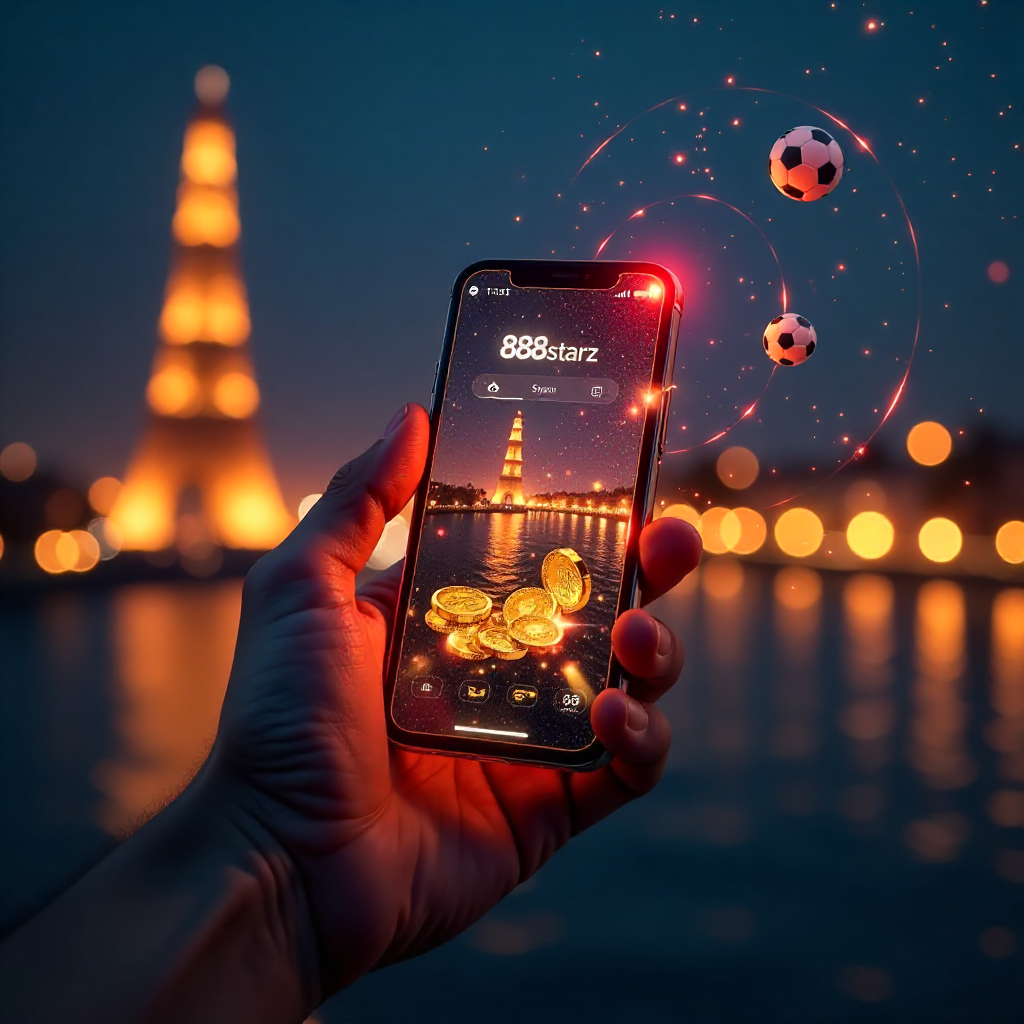 Futuristic hand holding a glass-transparent smartphone displaying 888starz official Arabic app, background is the Cairo Tower and Nile River at night with vibrant red laser beams and golden bokeh, 3D holographic gold EGP coins and soccer balls floating, n